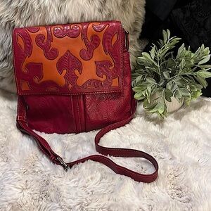 JL Saldivar Dark Red Burnt Orange Embossed Leather Crossbody Shoulder Bag Purse